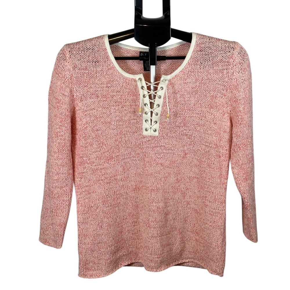 Rafaella Pink Speckled Lace Up Sweater Womens Size L 3/4 Sleeve‎